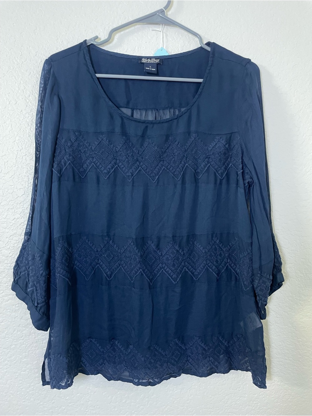 Lucky Brand Blue Embroidered Sheer Boho Blouse Size L